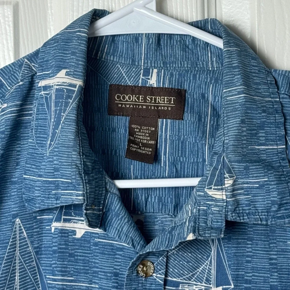 Cooke Street Button Down Shirt Mens L Blue White Sailboat Nautical Print‎ Cotton